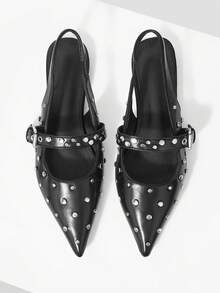 Mnmlis Sandal Mary Jane Hitam Model Punk Musim Semi dan Musim Panas dengan Hiasan Paku Keling, Manik-manik Bulat, Gesper Ganda, Ujung Lancip, Hak Datar, dan Bagian Belakang Terbuka, Tali Belakang yang Dapat Dipersonalisasi - Hitam - View 1