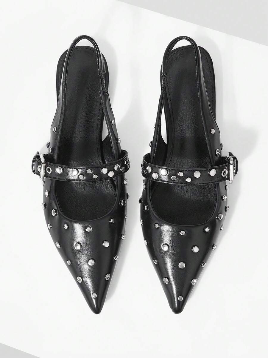 Mnmlis Sandal Mary Jane Hitam Model Punk Musim Semi dan Musim Panas dengan Hiasan Paku Keling, Manik-manik Bulat, Gesper Ganda, Ujung Lancip, Hak Datar, dan Bagian Belakang Terbuka, Tali Belakang yang Dapat Dipersonalisasi - Hitam - View 1