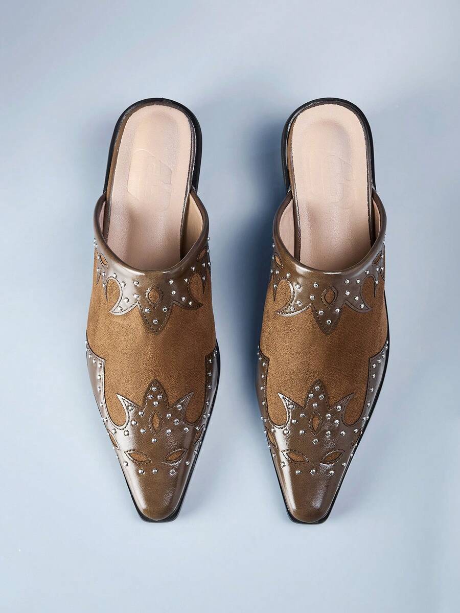 CUCCOO GRLICON Vintage Splicing Rivet Carving Western Style Thick Heel Baotou Muller Slippers Fall Shoes - Brown - View 1