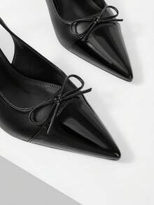 Mnmlis Splicing Leather Small Bow Pointed Empty Sandals, French Kitten Heel Strap Stiletto High Heels - Black - View 4