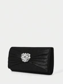 SHECARRY Ladies' Fashion Black Satin Pleated Hard Shell Clutch Bag, Exquisite Flower Rhinestone Buckle, For Parties, Dinners, Weddings, Dress Matching - Black - View 2