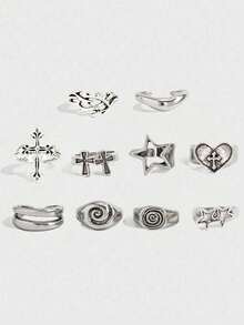 ROMWE Kawaii 10 Pieces Of Personalized Simple Spiral Star Cross Ring, Fashionable Punk Geometric Joint Ring, Women's Daily Party Wear, Unisex, Holiday Gift - Ancient Silver - Spiral Star Cross 10pcs - View 7
