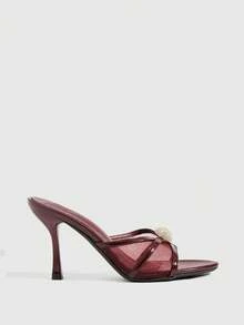CUCCOO SZL Women's Metallic Gold Toe High-Heeled Sandals, T-Shaped Fringed Rhinestone Adjustable Buckle Rear Strap Party Women's Shoes - Burgundy - View 3