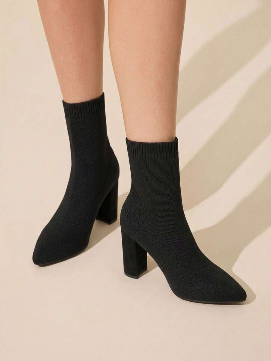 CUCCOO BASICS Women's Pointed Toe Chunky Heel Black Knit Fabric Comfortable Breathable Fashion Elastic Mid-Calf Boots For Christmas Spring Shoes Fall Boots - Black 1 - View 1
