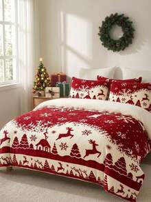 Joivida 2/3pcs Christmas Velvet Duvet Cover Set, Soft Warm Fleece Red Reindeer & Snowflake Bedding Set, Reversible Winter Nordic Fair Isle Comforter Cover With 1/2 Shams (No Insert) - Multicolor - View 1