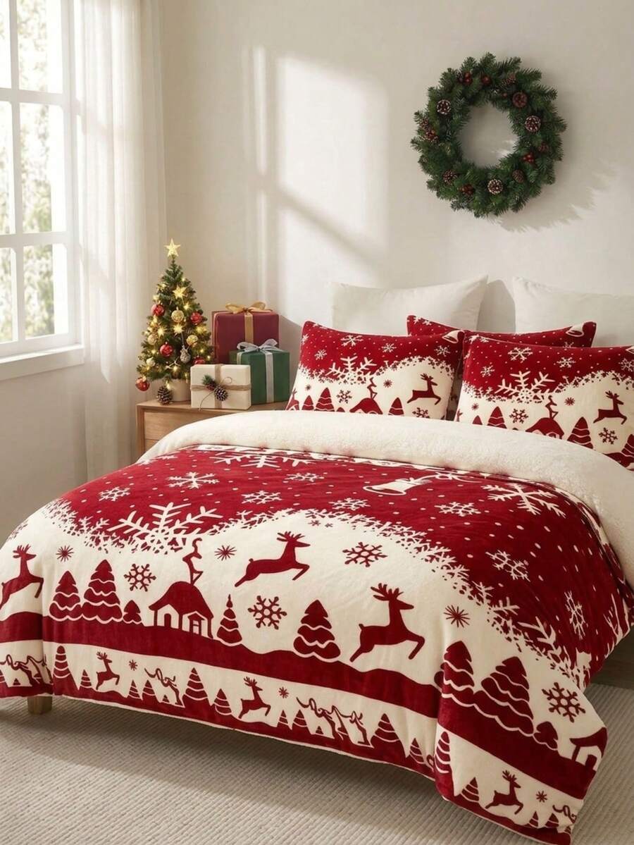 Joivida 2/3pcs Christmas Velvet Duvet Cover Set, Soft Warm Fleece Red Reindeer & Snowflake Bedding Set, Reversible Winter Nordic Fair Isle Comforter Cover With 1/2 Shams (No Insert) - Multicolor - View 1