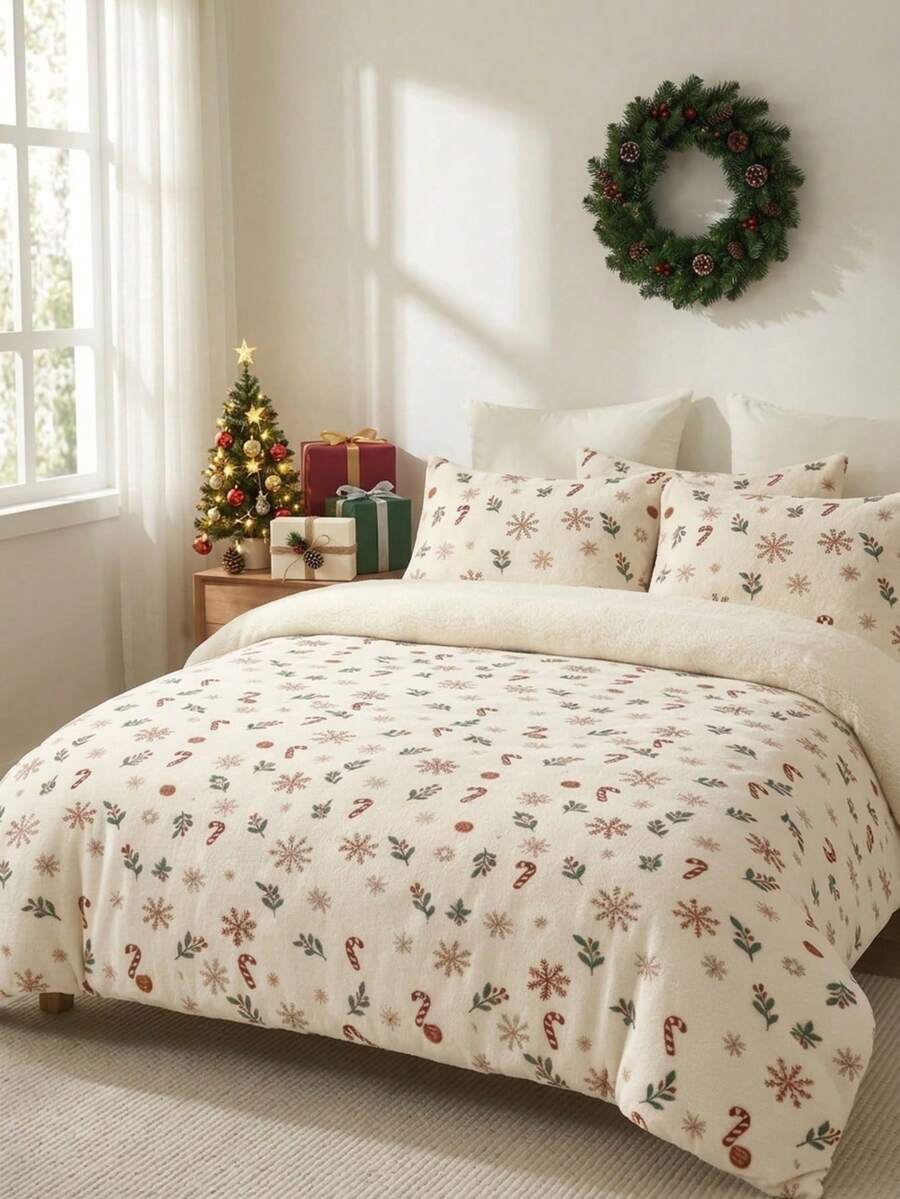 Cirelle 3pcs Christmas Velvet Duvet Cover Set, Soft Warm Fleece Snowflake Bedding Set, Reversible Winter Flannel Comforter Cover With 2 Shams (No Insert) - Multicolor - View 1
