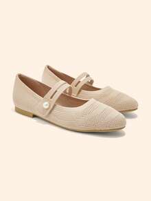 CUCCOO BASICS Women's Round Toe Flat Bottom Strip, Pearl Buckle Adjustment Strap, Apricot Knitted Ballet Shoes, Light, Soft And Breathable, Casual And Comfortable Fall Shoes - Apricot - View 2