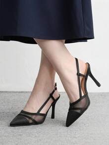 CUCCOO BIZCHIC Women's Satin Mesh Stitching Slingback High Heels, Pointed Toe Double Strap Stiletto Shoes - Black satin - View 5