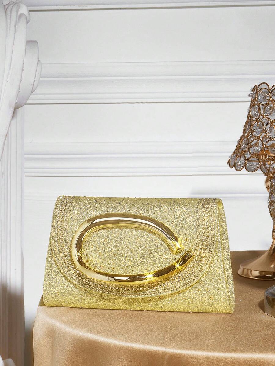 SHECARRY Ladies Fashion Gold Full Diamond Dinner Bag, Exquisite Metal Buckle Clutch Bag, For Parties, Festivals, Weddings, Dress Matching - Champagne - View 1