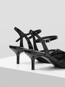 Mnmlis French Mesh Bow Pointed Back Empty Sandals, Stiletto Kitten And Buckle Breathable High Heels Women - Black - View 5