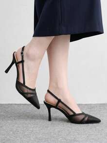 CUCCOO BIZCHIC Women's Satin Mesh Stitching Slingback High Heels, Pointed Toe Double Strap Stiletto Shoes - Black satin - View 3