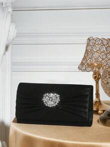 SHECARRY Ladies' Fashion Black Satin Pleated Hard Shell Clutch Bag, Exquisite Flower Rhinestone Buckle, For Parties, Dinners, Weddings, Dress Matching - Black - View 1