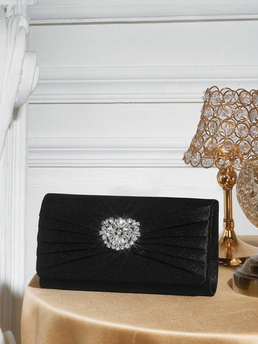 SHECARRY Ladies' Fashion Black Satin Pleated Hard Shell Clutch Bag, Exquisite Flower Rhinestone Buckle, For Parties, Dinners, Weddings, Dress Matching - Black - View 1