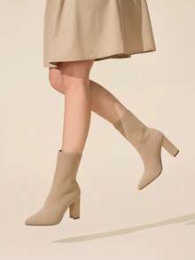 CUCCOO BASICS Chic Beige Knit Calf Boots With Block Heels Comfortable Sock Boot Design For Women Trendsetters Fall Boots - Apricot 1 - View 6