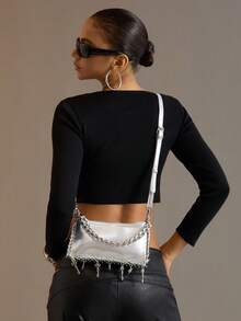 Viva Strut Ladies Slash Shoulder Bag, Y2K Spice Girl Sweet Cool Style, Silver Pendant Decoration, Locomotive Armpit Bag, Messenger Bag, Suitable For Shopping Par - Silver - View 9