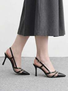 CUCCOO BIZCHIC Sepatu Hak Tinggi Wanita Model Slingback dengan Jahitan Jala Satin, Ujung Lancip, dan Tali Ganda - Hitam cerah - View 5
