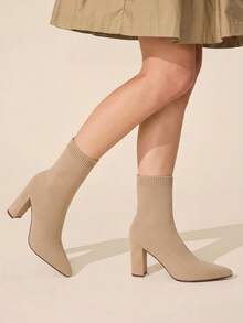 CUCCOO BASICS Chic Beige Knit Calf Boots With Block Heels Comfortable Sock Boot Design For Women Trendsetters Fall Boots - Apricot 1 - View 4