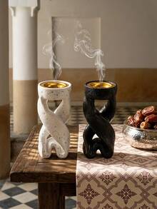 Cirelle 1Pc Twisted Ribbon Shape Incense Burner, Speckled Textured Body, Golden Perforated Metal Inner Bowl, Dual‑Use For Cone & Stick Incense, Tall Tabletop Incense Holder, Modern Sculptural Home Decor, Ramadan Desktop Ornament,Muilt‑Size Selectable Options - default - View 2