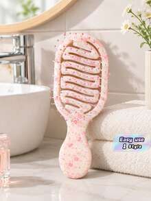 1Pc Mini Pink Sakura Hollow Portable Styling Hair Comb, Multi‑Function Wet & Dry Hair Brush For All Hair Types, Unisex Hairdressing Tool, Essential For Salon, Beauty Travel, Mother's Day Gift - Multicolor - View 1