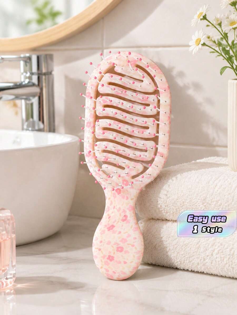 1Pc Mini Pink Sakura Hollow Portable Styling Hair Comb, Multi‑Function Wet & Dry Hair Brush For All Hair Types, Unisex Hairdressing Tool, Essential For Salon, Beauty Travel, Mother's Day Gift - Multicolor - View 1