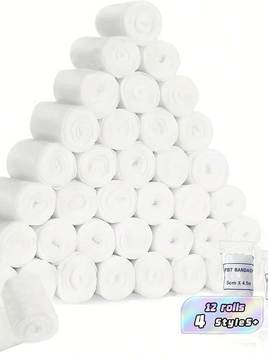 12 Rolls Elastic PBT Bandage, Breathable Stretchable Sports Tape, White Mummy Decoration Bandage For Halloween & Gym Use - White - View 1