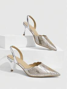 CUCCOO SZL Ladies Gorgeous Glitter Fabric Back Empty Heels Ladies Pointed Party Heels - Silver - View 1