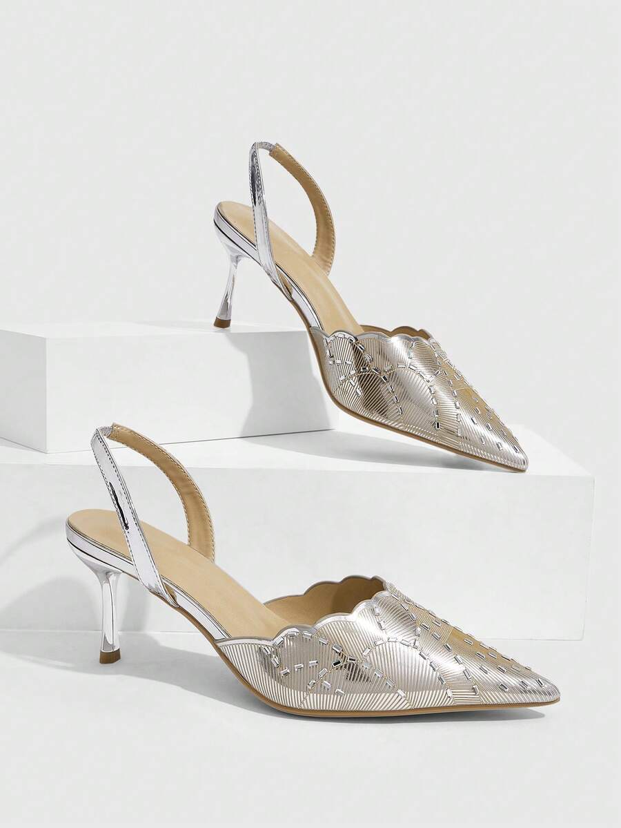CUCCOO SZL Ladies Gorgeous Glitter Fabric Back Empty Heels Ladies Pointed Party Heels - Silver - View 1