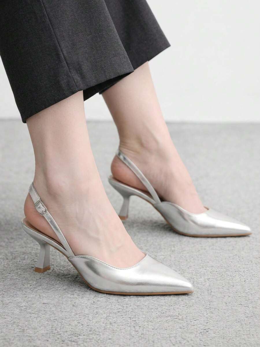 CUCCOO BIZCHIC 女款銀色扣飾設計優雅戶外尖頭後帶高跟鞋,適合夏季畢業舞會、度假及其他場合,兼具商務休閒、春假、復活節與聖誕假期氛圍 - 銀色 - 查看 1