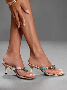 CUCCOO SZL Ladies' Elegant Summer Gold PU-Faced High-Heeled Slippers - Gold - View 9