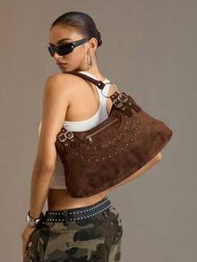 Viva Strut Ladies Fashionable Street Personality Sweet Cool Girls Y2K Vintage Coffee Suede Rivet Zipper Biker Style Tote Shoulder Bag, Large Capacity, Daily - Coffee - View 2