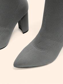 CUCCOO BASICS Women Gray Knit Sock Boots Chunky Heel Pointed Toe Ankle Calf Boots Fall Boots - Grey - View 7