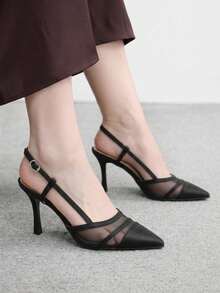 CUCCOO BIZCHIC Women's Satin Mesh Stitching Slingback High Heels, Pointed Toe Double Strap Stiletto Shoes - Black satin - View 4