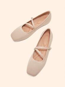 CUCCOO BASICS Women's Square Toe Flat Bottom Apricot Knitted Cross-Strap Ballet Flats Comfortable And Breathable Knitted Mary Jane Shoes Daily Leisure Commuting - Apricot - View 5