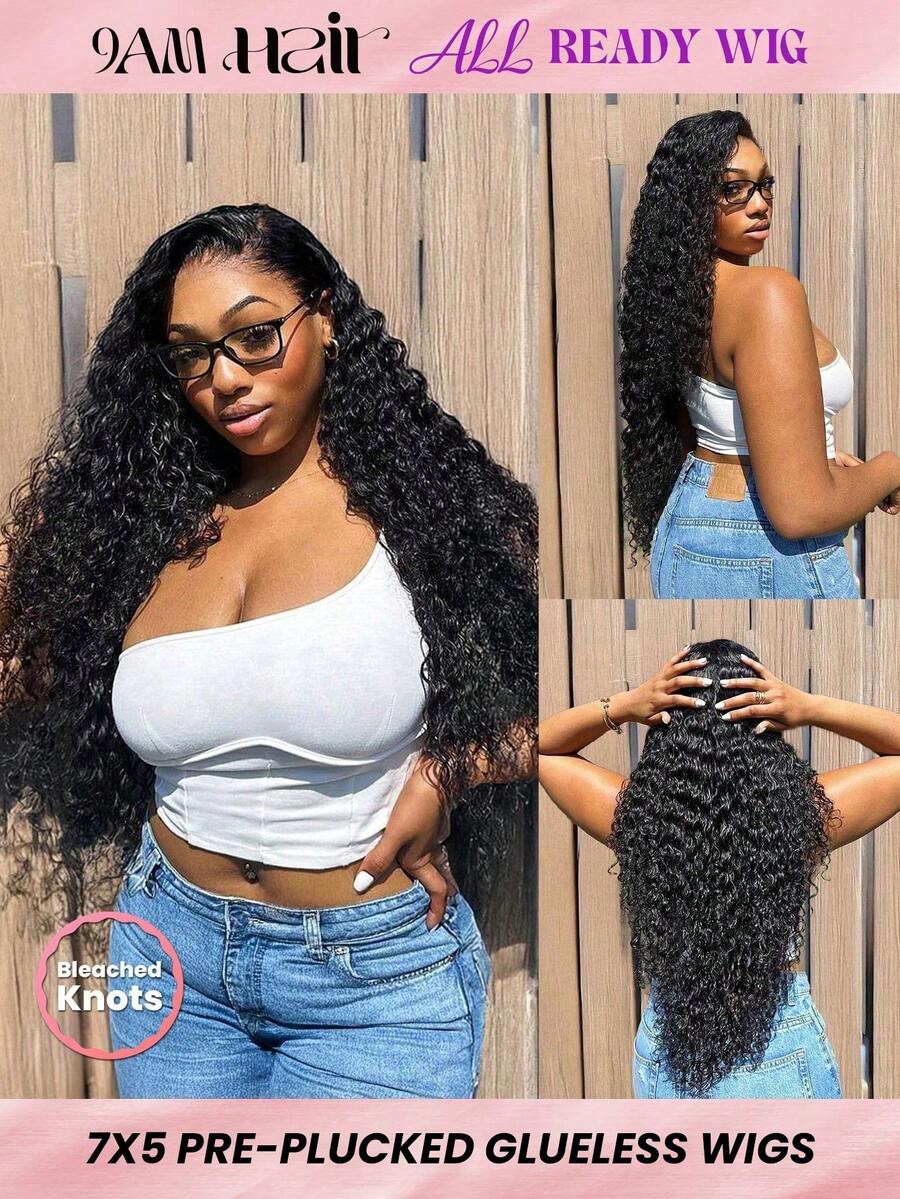 ALL READY WIG 9AM 7x5 Pre Bleached Glueless Transparent Lace Closure Wigs Water Wave Wig Human Hair 180% Density Natural Black Color 8-30Inch - SNatural - View 1