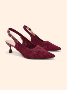 CUCCOO BASICS Ladies' Pointed Breathable Mesh Back Strap High-Heeled Commuting Style Low Vamp Daily Date Versatile High-Heeled Shoes - Burgundy - View 2