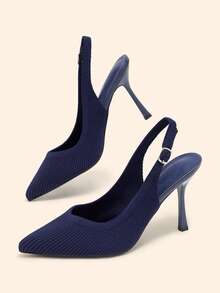 CUCCOO BASICS Women's Fashion Pointed V-Cut Fabric Woven Surface. Side Up To Buckle Empty Shoes. Painted High Heels, Breathable Mesh Comfortable. Suitable For Festive Fall Shoes - Navy Blue - View 3