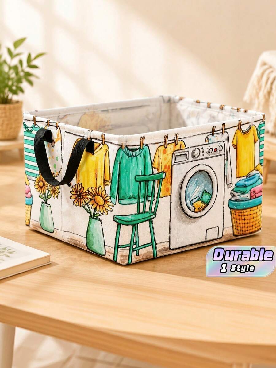 1Pc Happy Laundry Day Print Foldable Storage Basket, Square Fabric Collapsible Storage Bin, Space Saving Organizer For Home, Dorm & Under Bed Storage - Multicolor - View 1