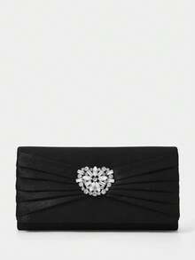 SHECARRY Ladies' Fashion Black Satin Pleated Hard Shell Clutch Bag, Exquisite Flower Rhinestone Buckle, For Parties, Dinners, Weddings, Dress Matching - Black - View 3