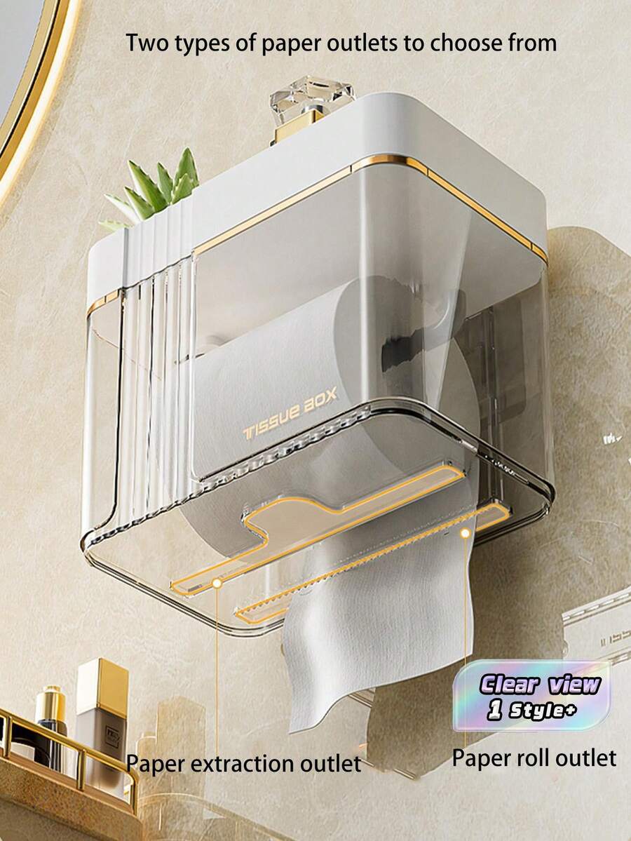 1pc Transparent Waterproof Tissue Box, Wall Mounted Roll & Facial Tissue Holder Storage Rack - Grey - View 1