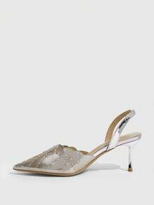 CUCCOO SZL Ladies Gorgeous Glitter Fabric Back Empty Heels Ladies Pointed Party Heels - Silver - View 4