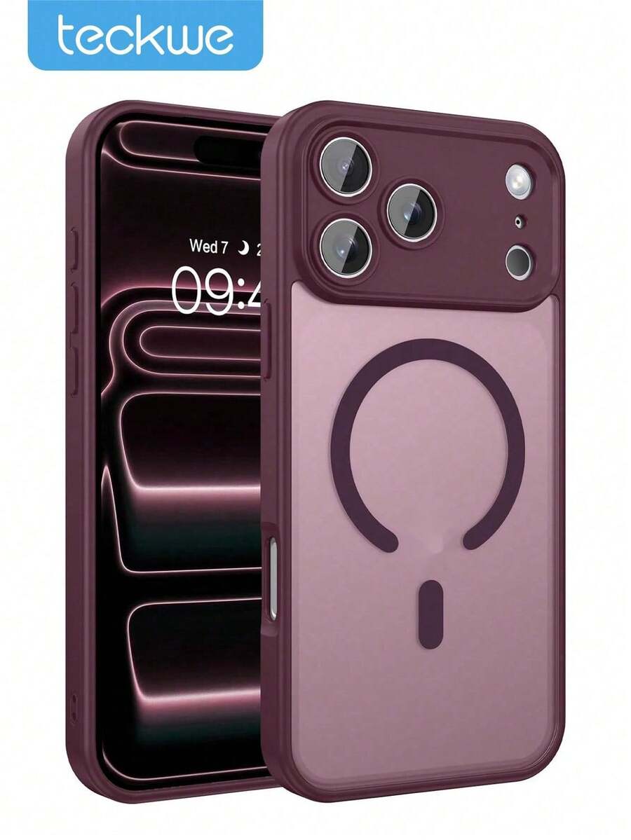 Teckwe 手機殼:奢華磁吸無線充電手機殼,相容 iPhone 18 17 16 15 14 13 12 11 Pro Max Plus Air,磨砂半透明硬殼防震防摔鏡頭保護套,手機配件,簡約設計,耐用材質,高品質手機殼,電子配件 - 酒紅色 - 查看 1