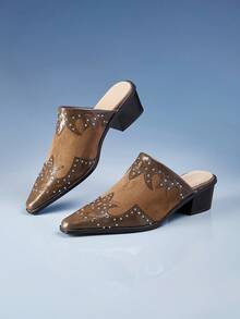 CUCCOO GRLICON Vintage Splicing Rivet Carving Western Style Thick Heel Baotou Muller Slippers Fall Shoes - Brown - View 5
