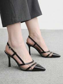 CUCCOO BIZCHIC Sepatu Hak Tinggi Wanita Model Slingback dengan Jahitan Jala Satin, Ujung Lancip, dan Tali Ganda - Hitam cerah - View 4