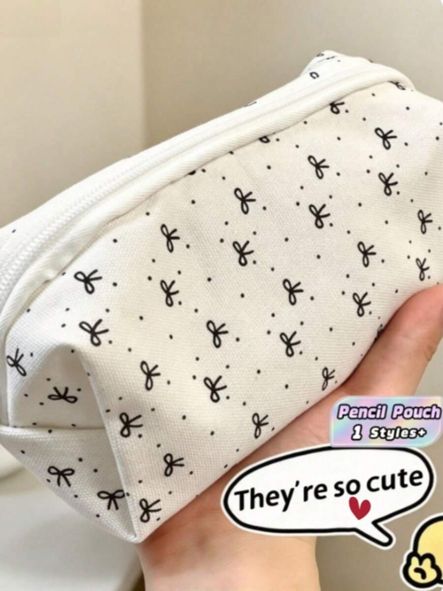 1pc Cute Large Capacity Cosmetic & Stationery Storage Bag, Bow Decor Pencil Case Back To School,Pencil Pouch,School Bag - Single Piece - View 1