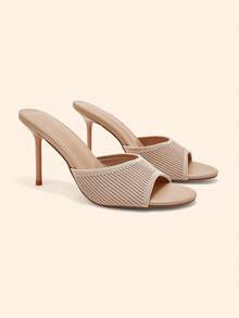 CUCCOO BASICS Women's Fashion Sexy Round Toe Woven Striped Fabric Basic Slippers, High Heels Lacquered Cone Heels. Light And Slouchy Mules Shoes. Suitable - Khaki - View 1