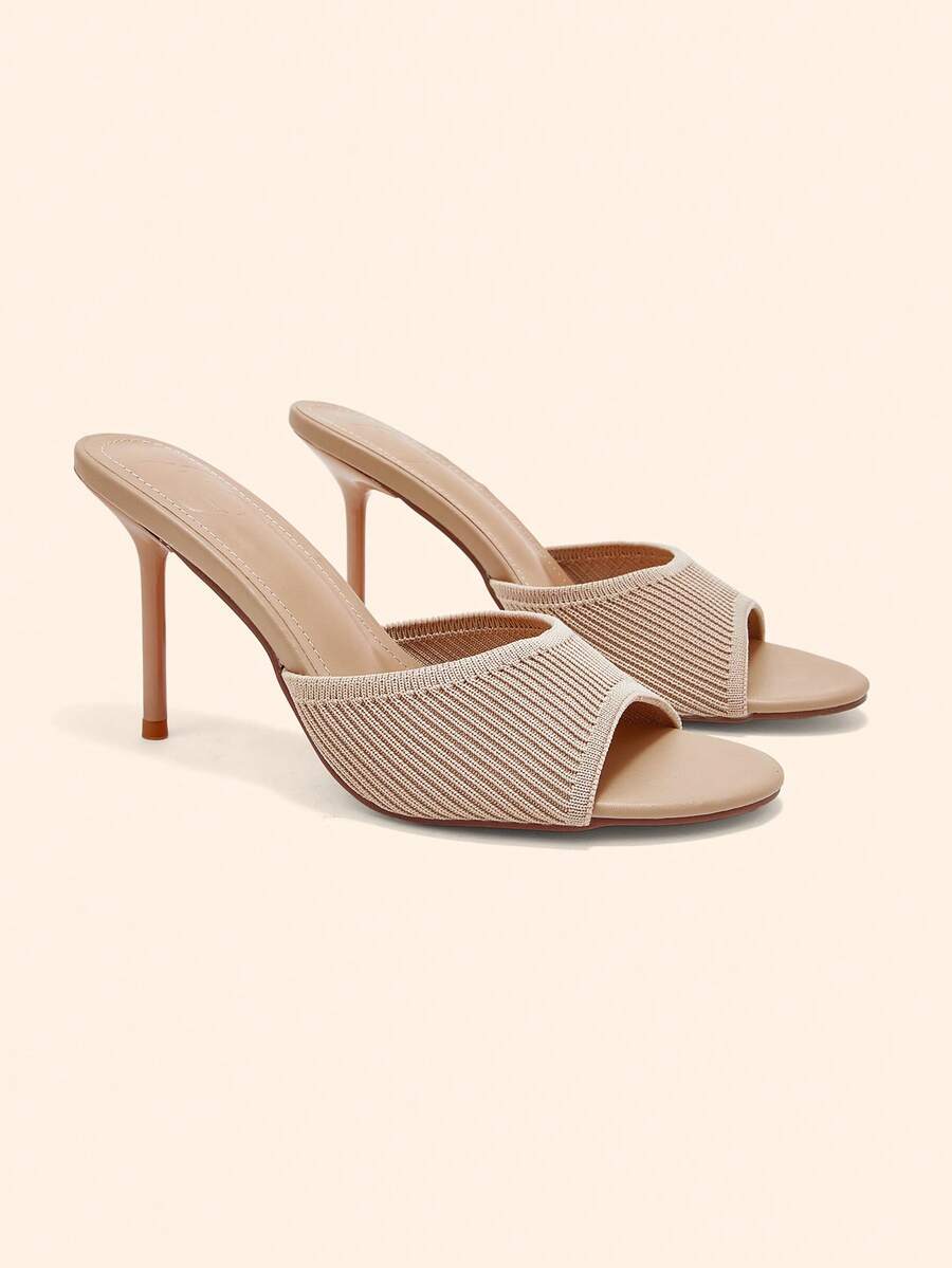 CUCCOO BASICS Women's Fashion Sexy Round Toe Woven Striped Fabric Basic Slippers, High Heels Lacquered Cone Heels. Light And Slouchy Mules Shoes. Suitable - Khaki - View 1