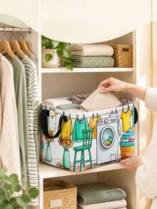 1Pc Happy Laundry Day Print Foldable Storage Basket, Square Fabric Collapsible Storage Bin, Space Saving Organizer For Home, Dorm & Under Bed Storage - Multicolor - View 5