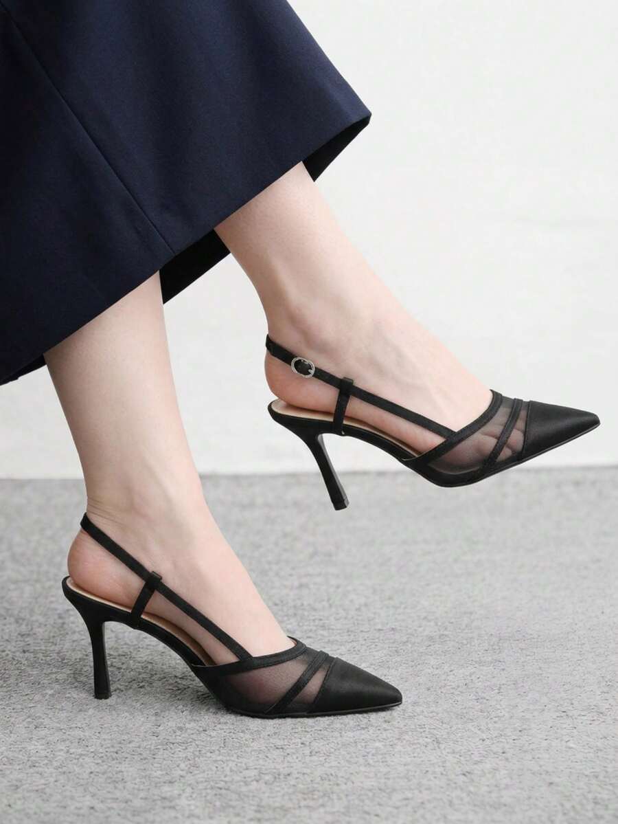 CUCCOO BIZCHIC Women's Satin Mesh Stitching Slingback High Heels, Pointed Toe Double Strap Stiletto Shoes - Black satin - View 1