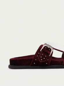 Nöista Coffee Brown Suede-Effect Slip-On Shoes With Riveted Criss-Cross Straps And Oversized Buckle, Blending Bohemian Style With Bold Design - Burgundy red - View 3
